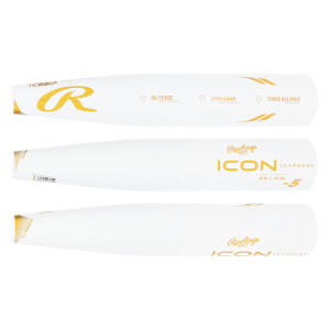 Top-down view of a white Rawlings Icon baseball bat with gold branding and text.