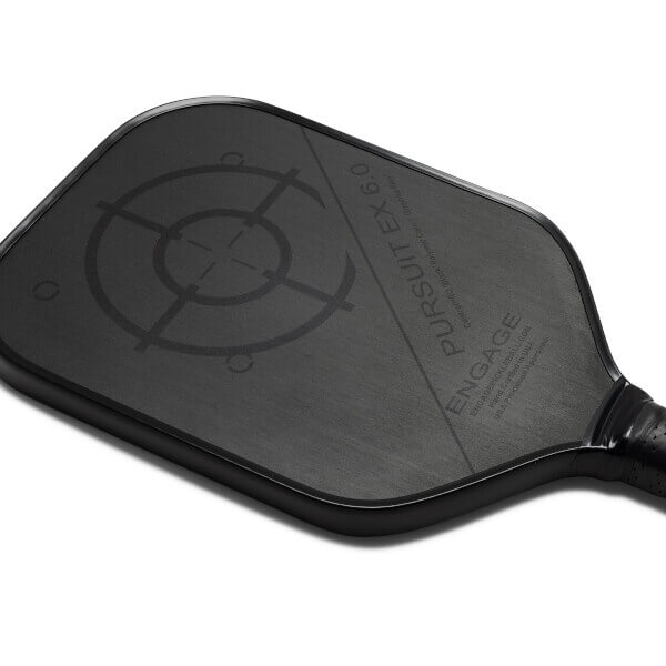 Corner view of a black pickleball paddle with a target design and ENGAGE PURSUIT EX 6.0 text.