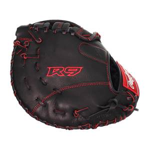 Front view of a black first base mitt with red stitching and R9 logo.
