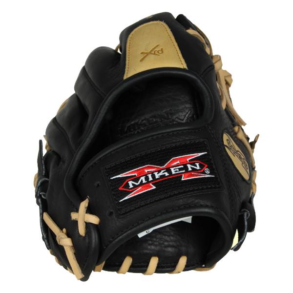 Top-down view of a black baseball glove with tan lacing and a Miken logo.