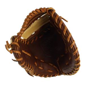 Interior view of a brown first base mitt with tan lacing and a debossed logo.