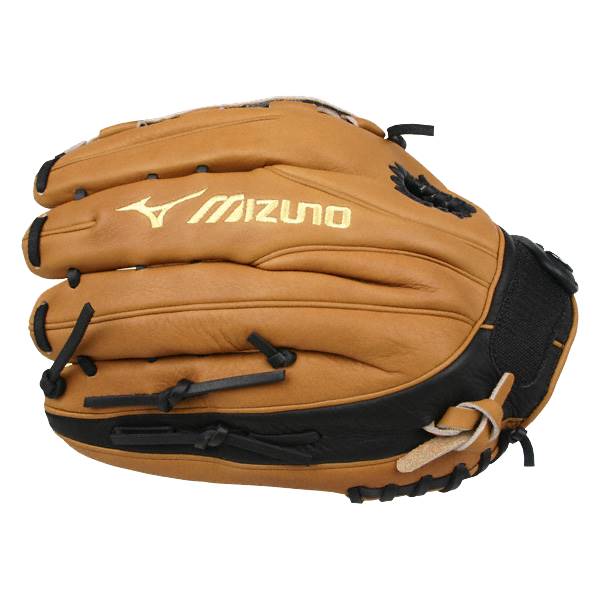 Side view of a tan and black baseball glove with gold Mizuno branding and black lacing.