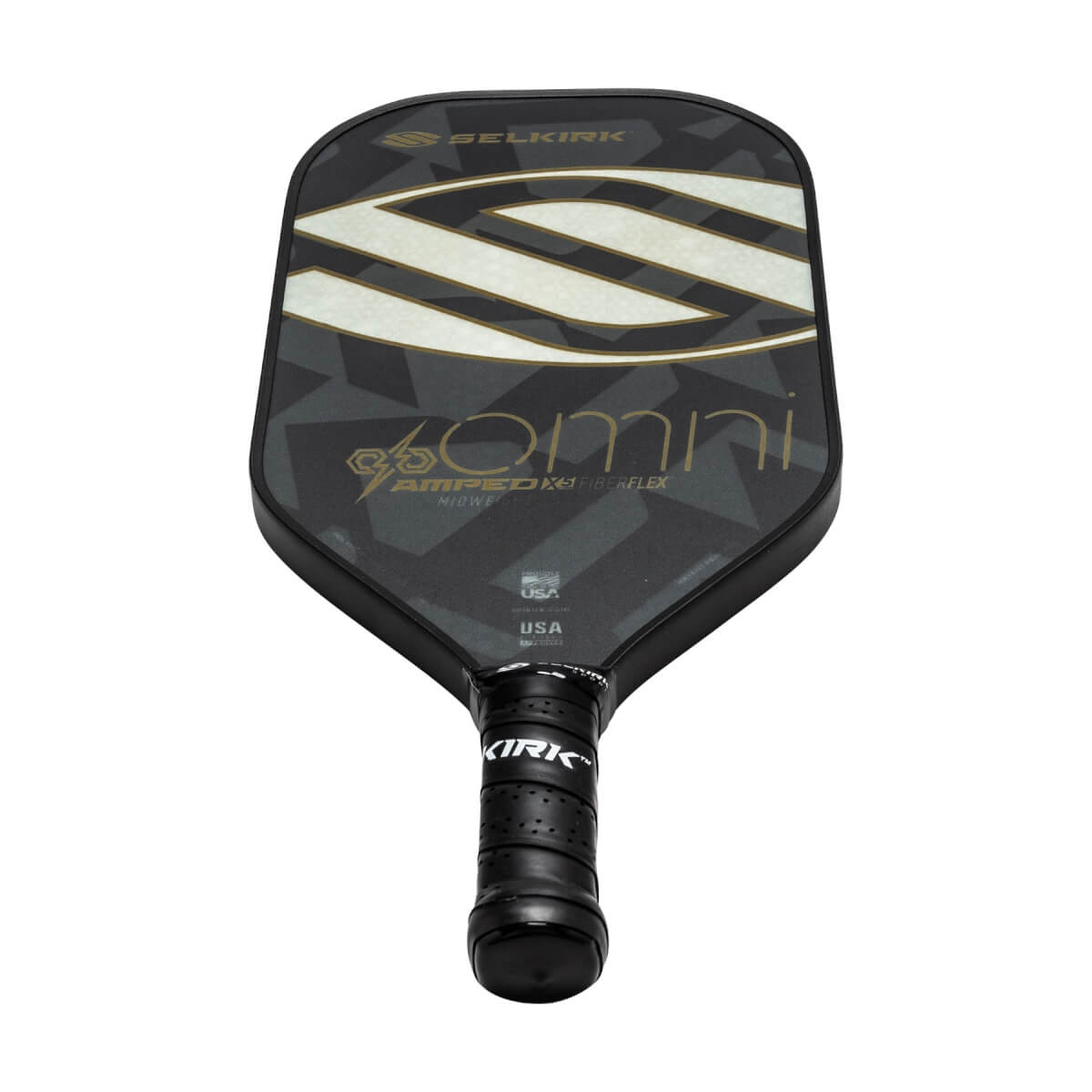 Top-down view of a black pickleball paddle with gold and white stripes, Omni text, and a textured grip.