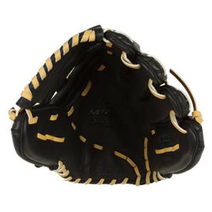 Front view of a black softball glove with yellow stitching and MIKEN Super Soft branding.