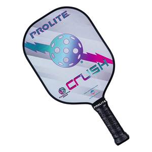 Top-down view of a white pickleball paddle with a purple and teal lightning bolt design, a pickleball graphic, and CRUSH text.