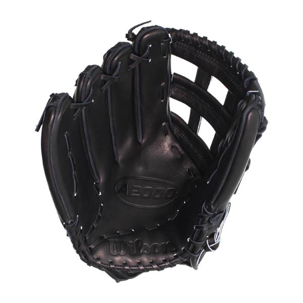 Top-down view of a black baseball glove with A2000 and Wilson branding and a dual-post web.