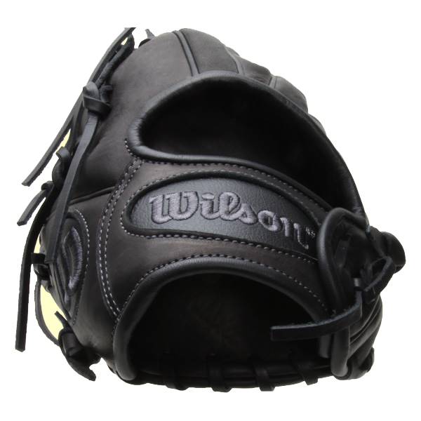Close-up of a black baseball glove with Wilson embroidered on the wrist strap.