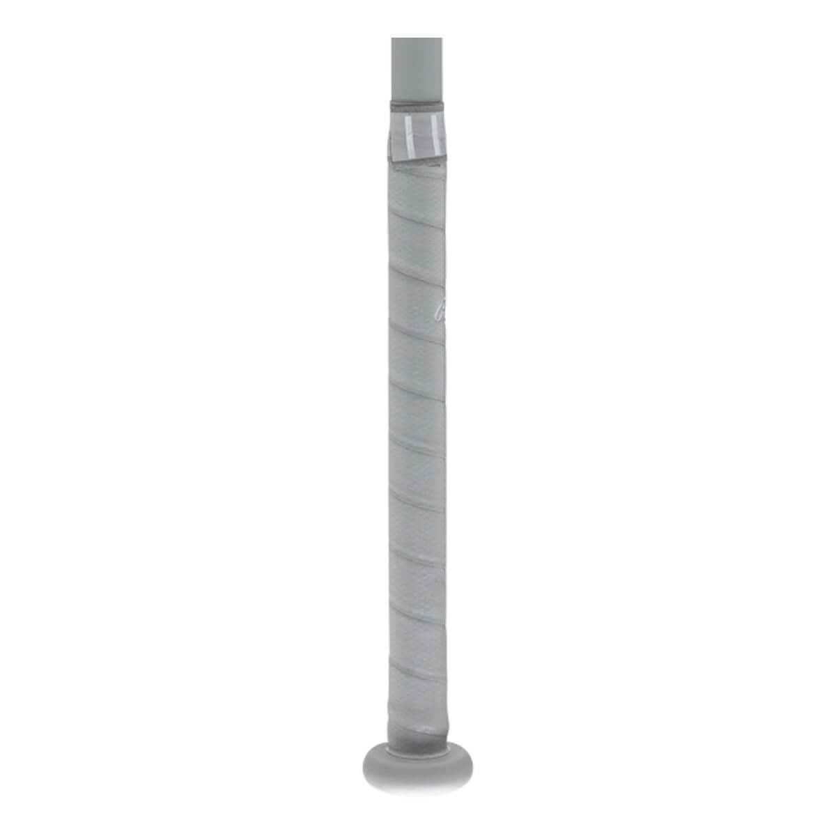 Close-up side view of a light gray fastpitch softball bat handle with a spiraled grip and visible knob.