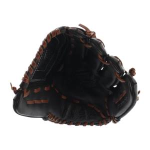 Top-down view of a black softball glove with brown lacing and Rawlings logo.
