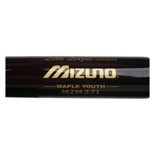 Side view of a dark brown baseball bat with gold Mizuno logo, Little League APPROVED, MAPLE YOUTH, and MZM271 text.