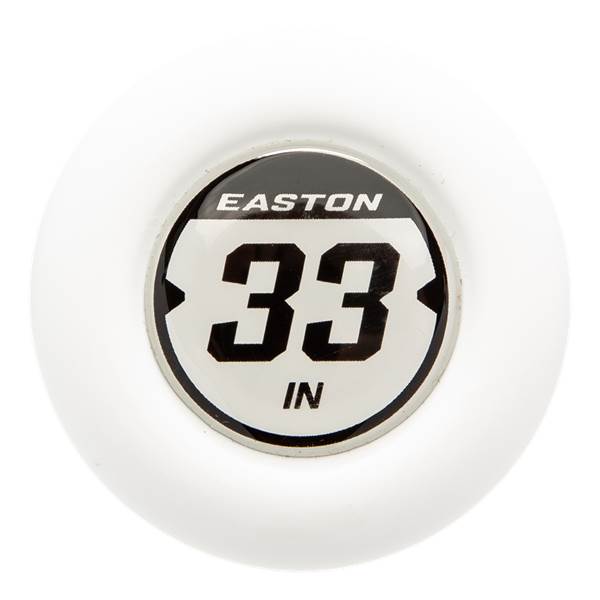 Close-up of a white softball bat end cap with EASTON and 33 IN text.