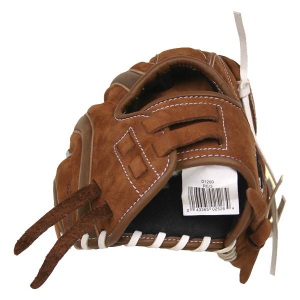 Side view of a brown baseball glove with white stitching and a D1200 REG tag.