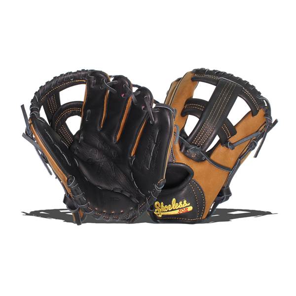 Front view of black and tan baseball gloves with Shoeless Joe branding.