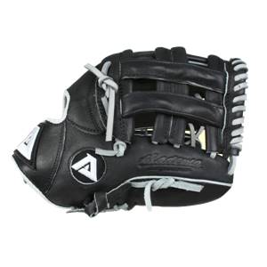 Front view of a black baseball glove with white stitching and an A logo.