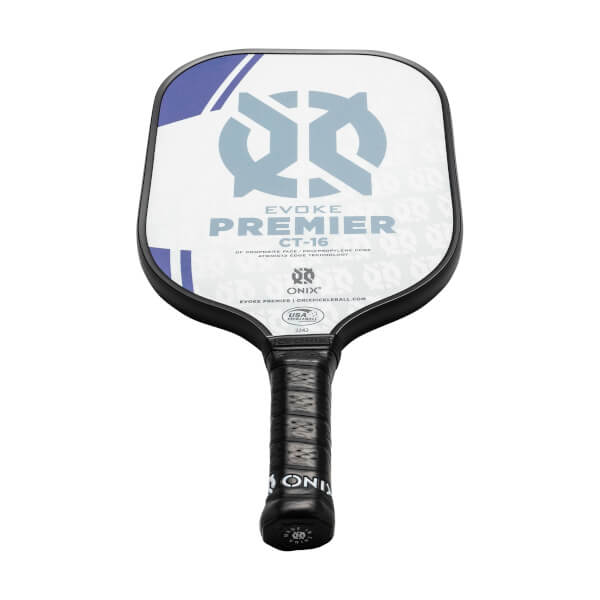 Front view of a white and blue pickleball paddle with EVOKE PREMIER CT-16 and Onix branding.