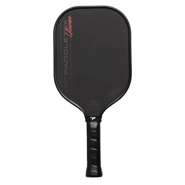 Front view of a black pickleball paddle with PADDLETEK Reserve branding and a textured surface.