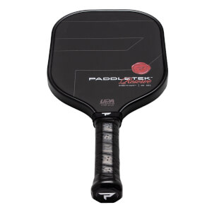Front view of a black pickleball paddle with PADDLETEK Reserve branding, a red circular logo, and a textured black grip.