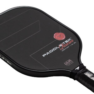 Angled view of a black pickleball paddle with PADDLETEK Reserve Honeyfoam™ text, a red seal logo, and subtle gray lines.