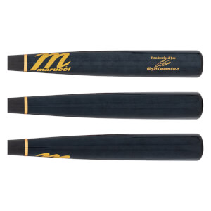 Top view of a dark blue Marucci baseball bat with gold branding and Handcrafted For Gley25 Custom Cut-M text.
