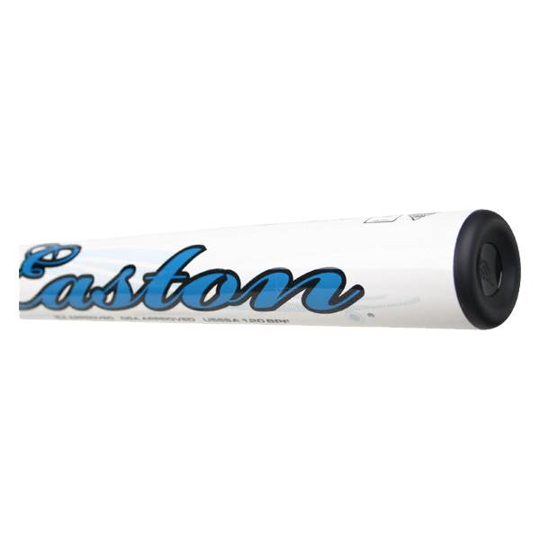 Side view of a white Easton bat with blue lettering and a black end cap.
