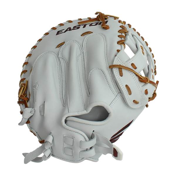 Top-down view of a white Easton catchers mitt with brown lacing and visible EASTON branding.