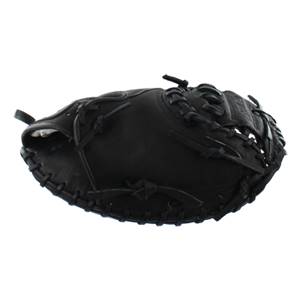 Side view of a black catchers mitt with detailed lacing and a deep pocket.