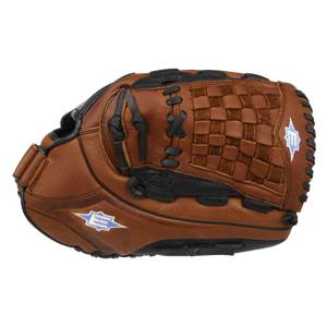 Top-down view of a brown baseball glove with a woven pocket and blue Easton logos.