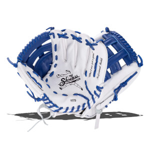 Top-down view of a white and blue baseball glove with "Shoeless Jane" logo and "1175" visible.