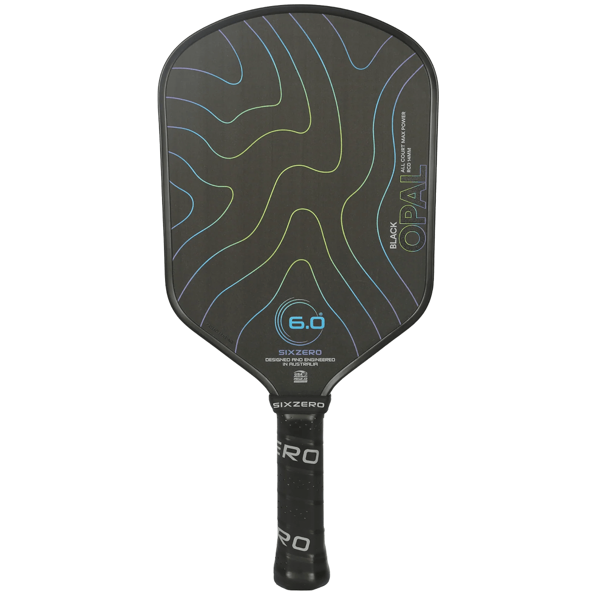 Front view of a black pickleball paddle with colorful contour lines and "BLACK OPAL" and "6.0" text.