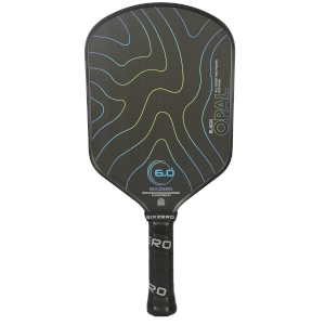 Front view of a black pickleball paddle with colorful contour lines and "BLACK OPAL" and "6.0" text.