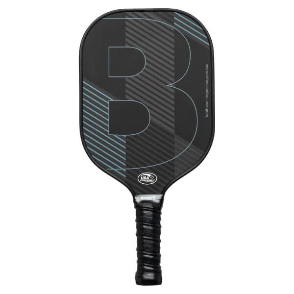 Front view of a black pickleball paddle with a large blue B graphic and USA Pickleball logo.