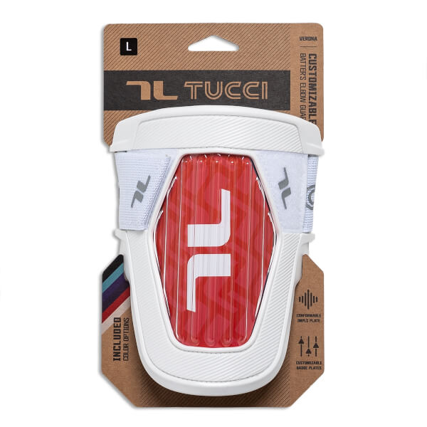 White batters elbow guard, size L, with a red central plate featuring a white TL logo. Packaging shows TUCCI VERONA and CUSTOMIZABLE features.