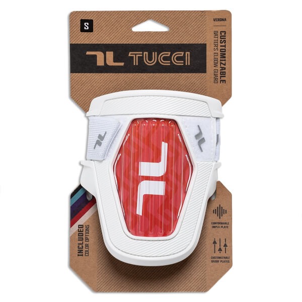Tucci Verona Batters Elbow Guard, white with a red customizable plate and TUCCI logo. Packaging shows S, CUSTOMIZABLE, INCLUDED COLOR OPTIONS.