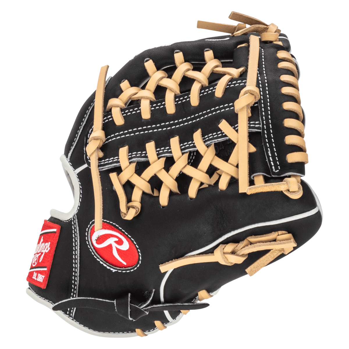 Front view of a black Rawlings HOH Mark of a Pro baseball glove with tan lacing and a red "R" logo.