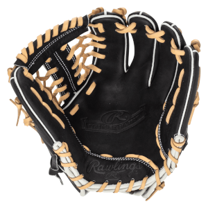 Top-down view of a black Rawlings baseball glove with tan lacing and white accents, featuring embossed "Rawlings" and "The Mark of a Pro".