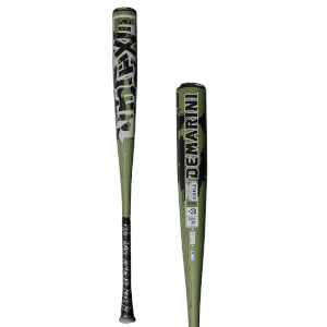 Side view of a green DeMarini Exile baseball bat with camouflage graphics, showing the logo and "-3" designation.