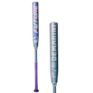 Side view of a baseball bat featuring "DEMARINI" text and various certification logos.