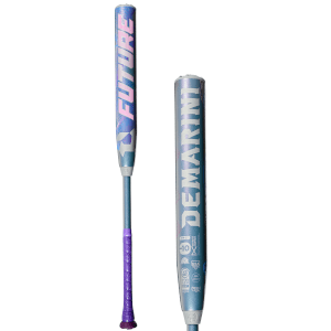 Front view of a blue baseball bat with "FUTURE" and "DEMARINI" logos, and a purple grip.