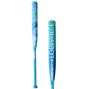 Front view of a Louisville Slugger bat, showing "KRYO2" and a swirling blue-green pattern.