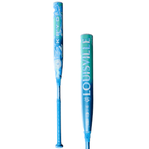 Full view of two Louisville Slugger bats with swirling blue and green patterns, one showing "KRYO2" and "-10" and the other showing "LOUISVILLE".