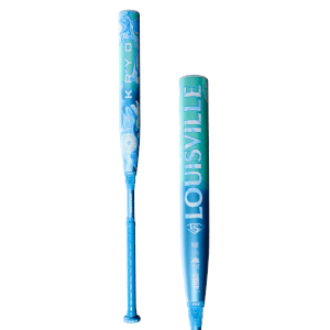 Front view of a blue and green marbled Louisville bat with "KRYO" text, and a side view showing "LOUISVILLE".