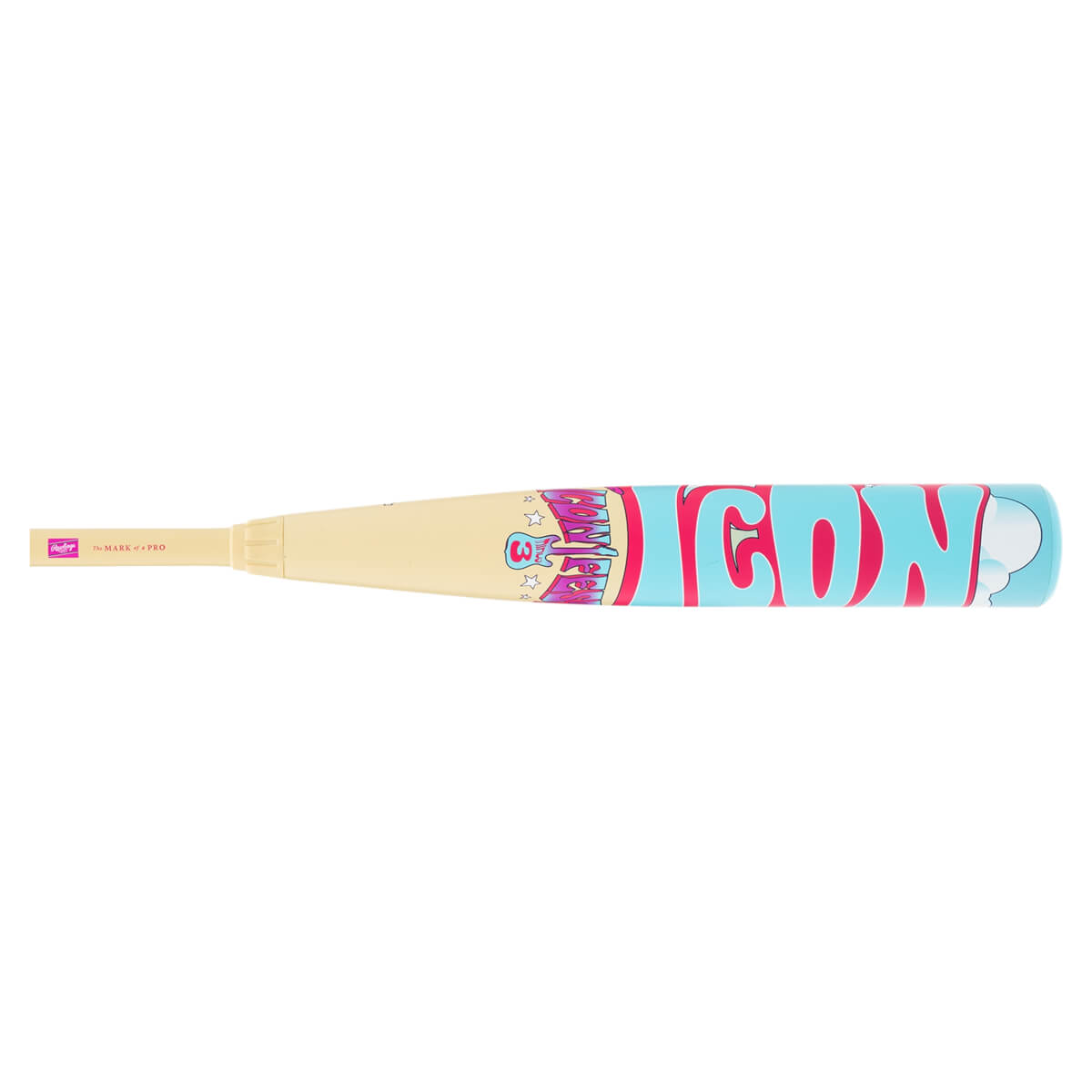 Side profile of a cream and blue baseball bat featuring large pink "ICON" lettering and stylized "ICONFEST" graphics on the barrel.