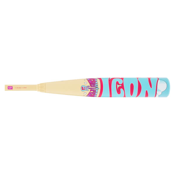 Side profile of a cream and blue baseball bat featuring large pink "ICON" lettering and stylized "ICONFEST" graphics on the barrel.