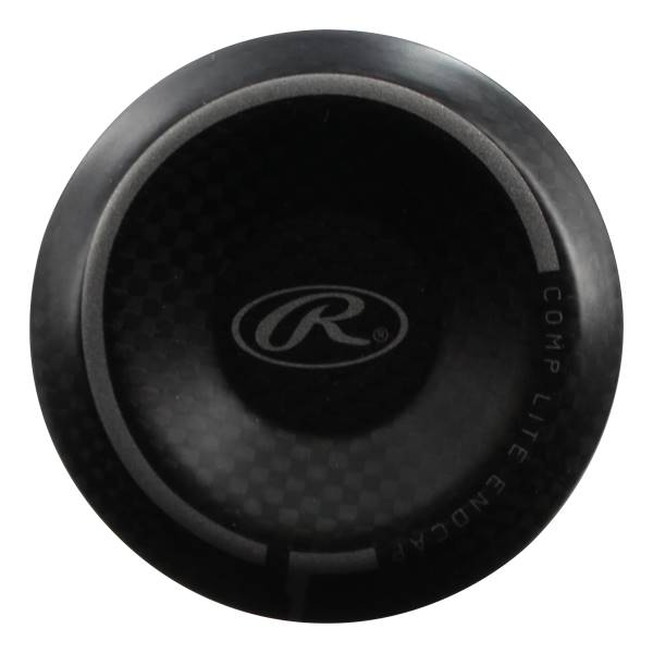 Top-down view of a black baseball bat endcap with a carbon fiber pattern and COMP LITE ENDCAP text.