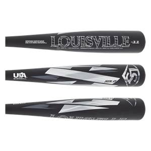 Side view of a black Louisville Slugger baseball bat with white LOUISVILLE text and USA BASEBALL logo.