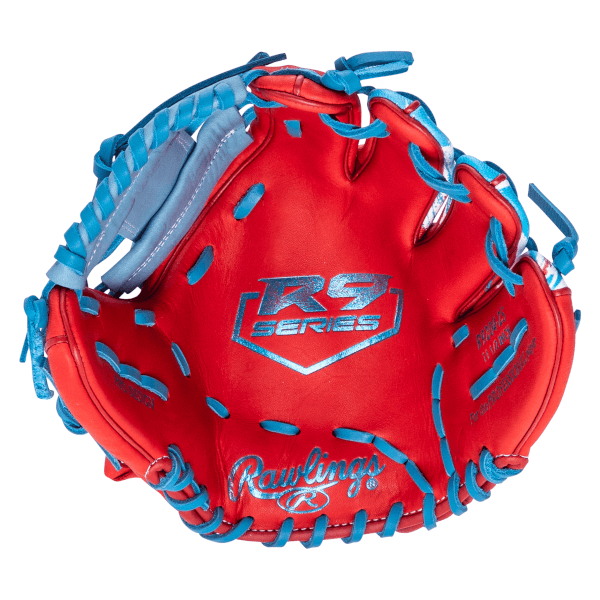 Top-down view of a red baseball glove with blue lacing, featuring "RS SERIES" and "Rawlings" logos.
