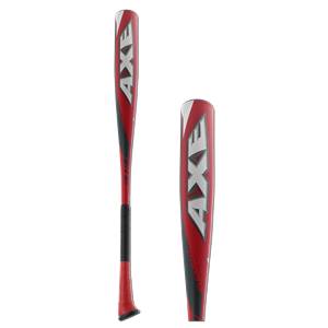 Side view of a red Axe baseball bat with black grip and white accents.