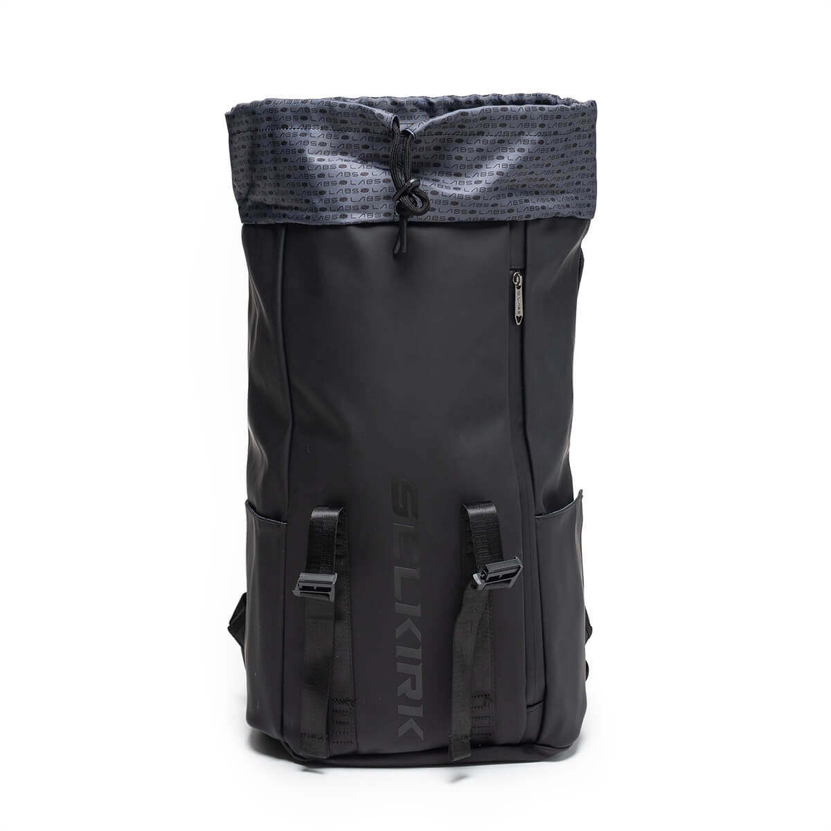 Front view of the black Selkirk Labs Project Prestige Pickleball Backpack, featuring vertical "SELKIRK" text, a drawstring closure, and dual buckle straps.