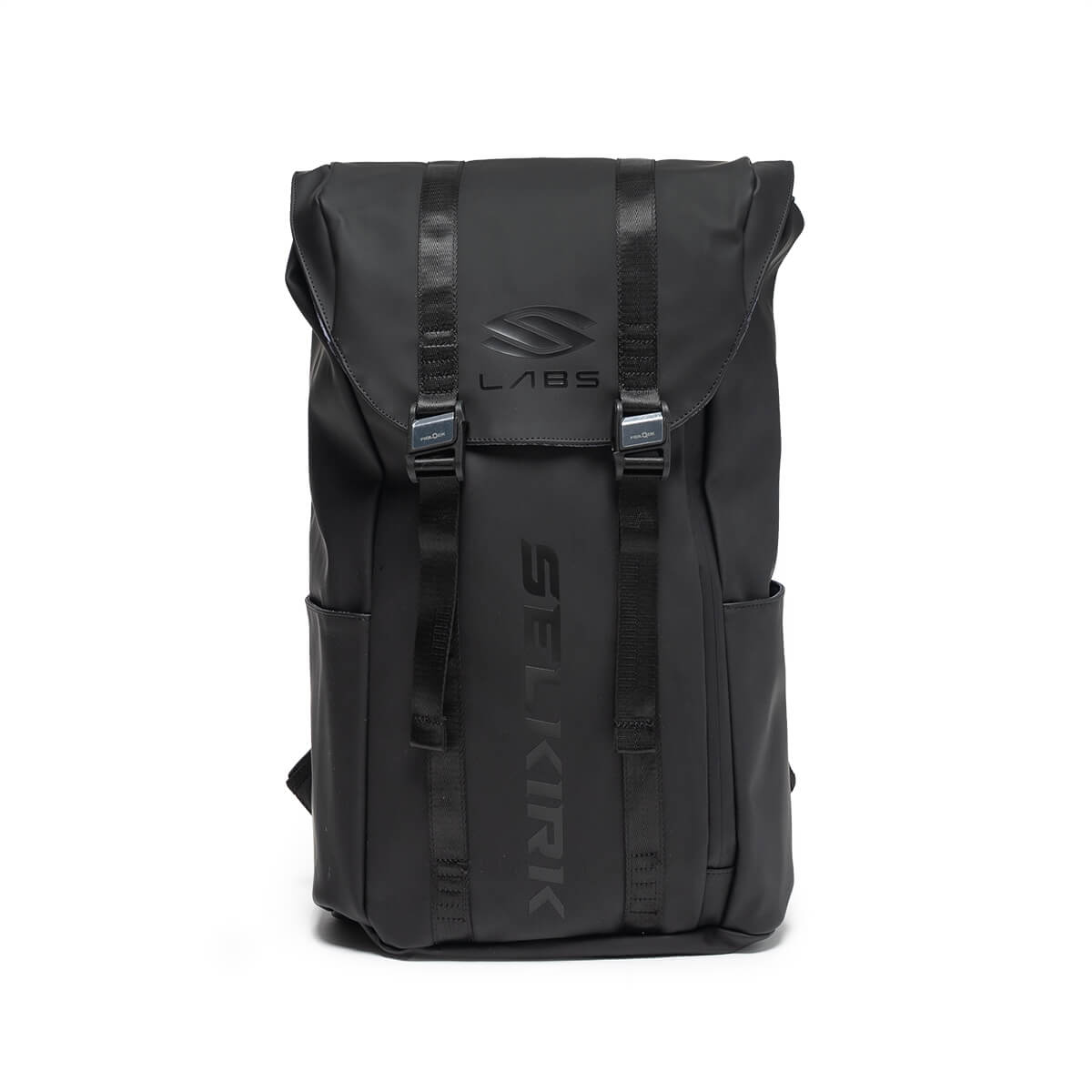 Front view of an all-black backpack with two vertical buckled straps, featuring the LABS logo on the top flap and the word SELKIRK embossed vertically down the center.