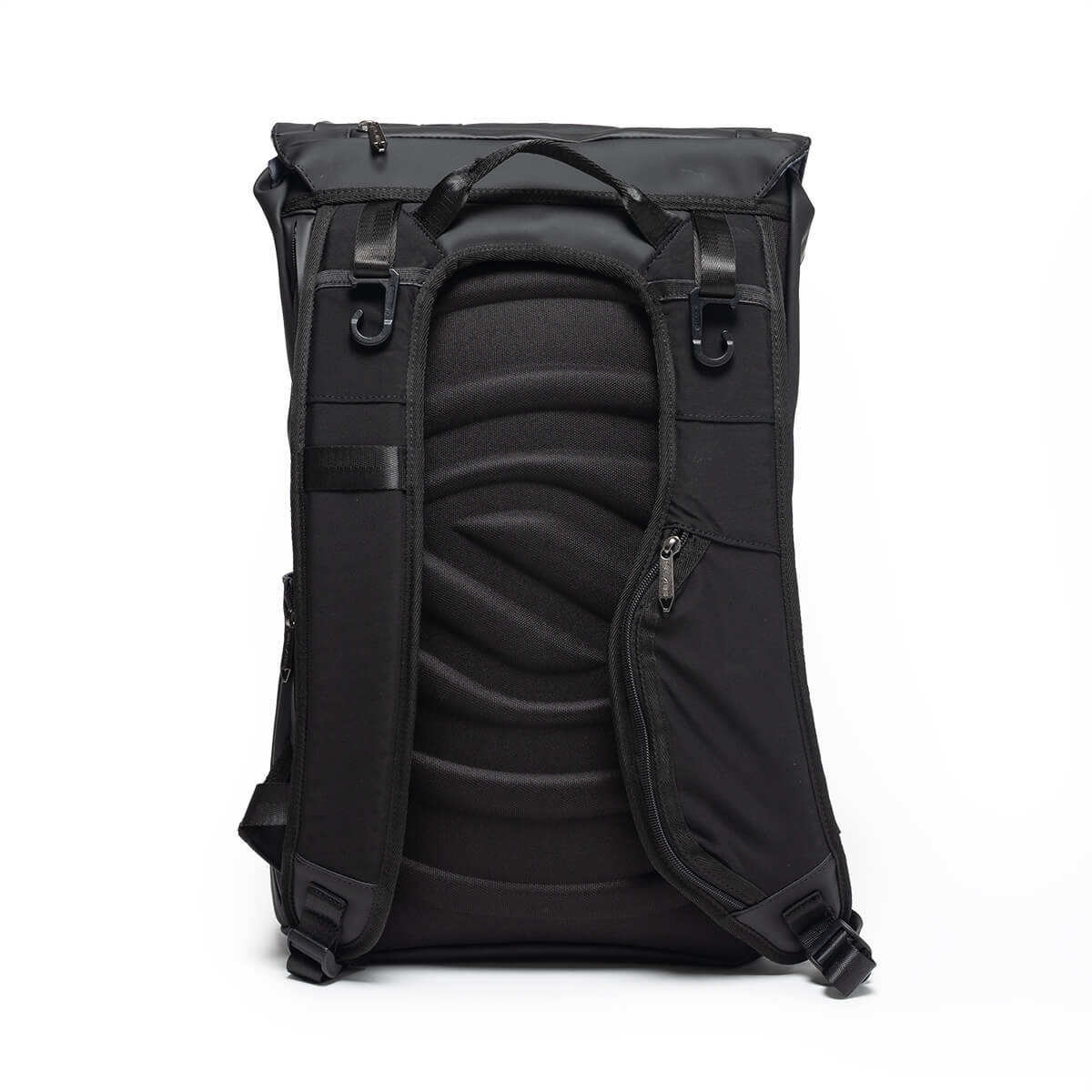 Back view of the black backpack featuring a contoured, padded back panel, adjustable shoulder straps with gear hooks, and a small zippered pocket on the right strap.